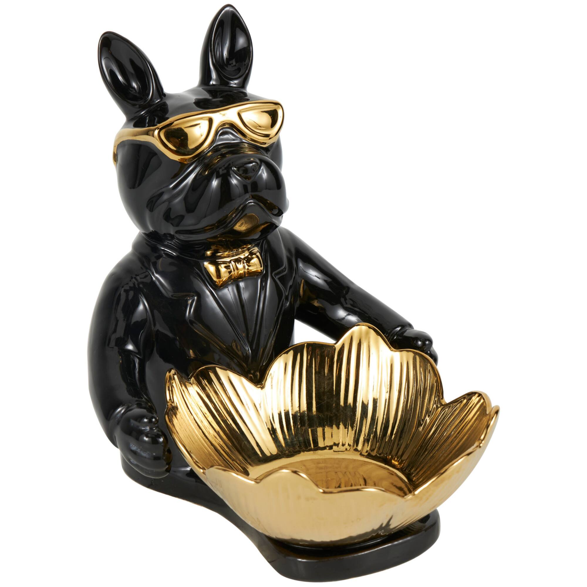 8" Black Ceramic Bulldog Sculpture with Gold Accents